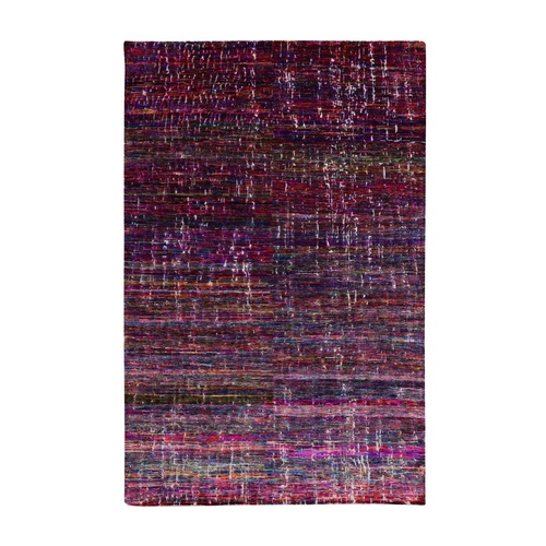 Dark Magenta, Dense Weave Persian Knot, Sari Silk with Textured Pile Hand Knotted, Contemporary Design, Oriental Rug