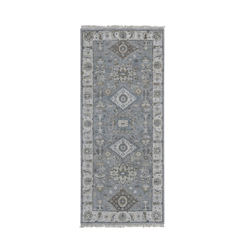 Gray and Ivory, Karajeh Design with Geometric Medallions, Soft Wool Hand Knotted, Runner Oriental Rug