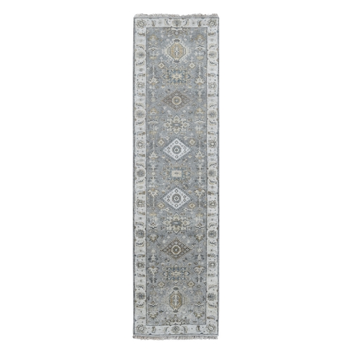 Gray and Ivory, Organic Wool Hand Knotted, Karajeh Design with Geometric Medallions, Runner Oriental Rug