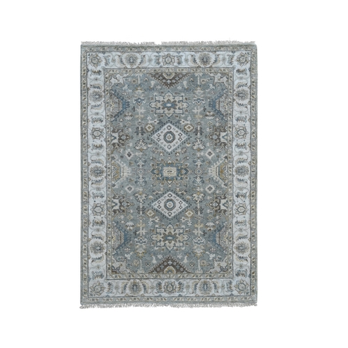 Gray and Ivory, Karajeh Design with Geometric Medallion, Soft Wool Hand Knotted, Oriental Rug