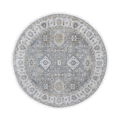 Gray and Ivory, Hand Knotted Karajeh Design with Geometric Medallion, Extra Soft Wool, Round Oriental 