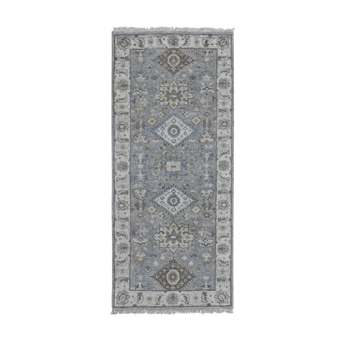 Gray and Ivory, Karajeh Design with Geometric Medallion, Extra Soft Wool, Hand Knotted, Runner Oriental Rug