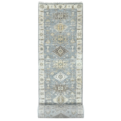 Gray and Ivory, Hand Knotted Karajeh Design with Geometric Medallion, Pure Wool, XL Runner Oriental Rug