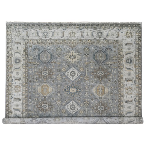 Gray and Ivory, Karajeh Design with Geometric Medallion, Extra Soft Wool, Hand Knotted, Square Oriental Rug