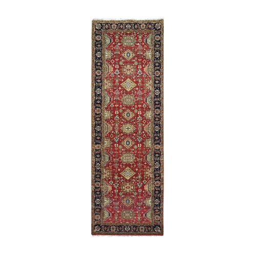 Red and Black Karajeh Design, Organic Wool Hand Knotted, Wide Runner Oriental 
