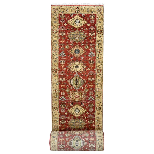 Red and Gold, Karajeh Design, with Geometric Medallions Design, Hand Knotted, Pure Wool, XL Runner Oriental 