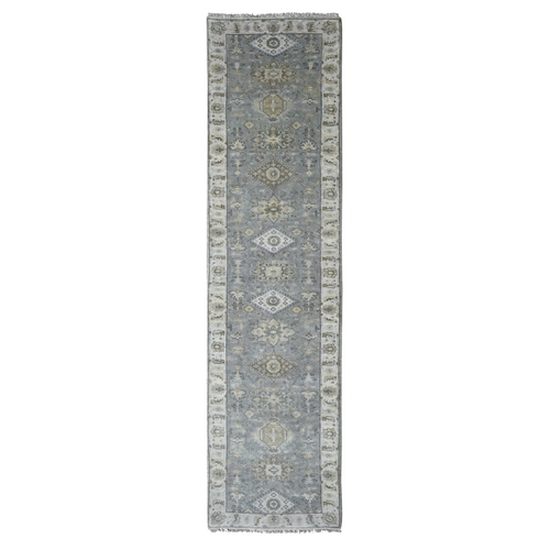 Gray and Ivory, Hand Knotted Karajeh Design with Geometric Medallion, Extra Soft Wool, Runner Oriental Rug