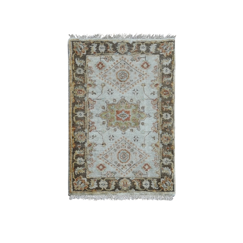 Gray and Brown, Karajeh Design with Tribal Medallions, Pure Wool Hand Knotted, Mat Oriental Rug
