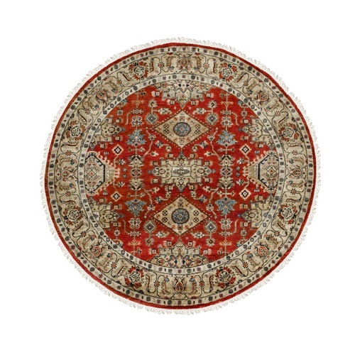 Red and Gold, Karajeh Design, with Geometric Medallions, Natural Wool, Hand Knotted, Round Oriental 
