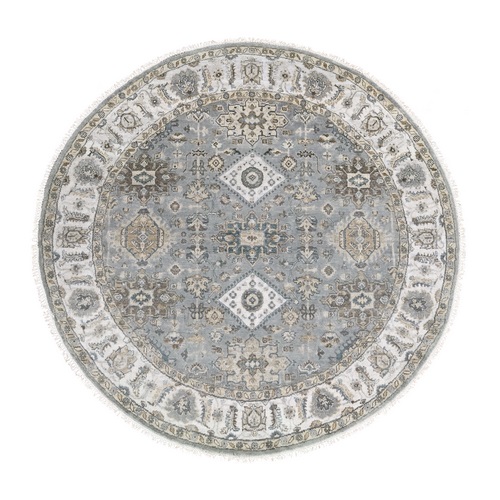 Gray and Ivory, Hand Knotted, Karajeh Design with Geometric Medallion, Extra Soft Wool, Round Oriental 