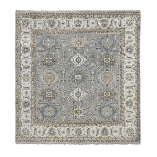 Gray and Ivory, Karajeh Design with Geometric Medallion, Natural Wool, Square Oriental 