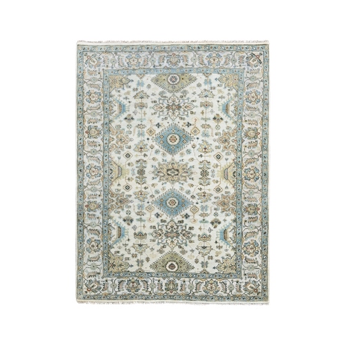 Ivory and Gray, Karajeh Design with Tribal Medallions, Organic Wool, Hand Knotted, Oriental Rug