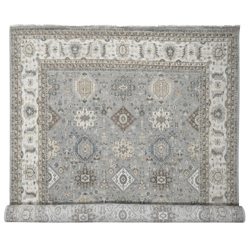 Gray and Ivory, Karajeh Design with Geometric Medallion, Pure Wool, Hand Knotted, Oversized Oriental 