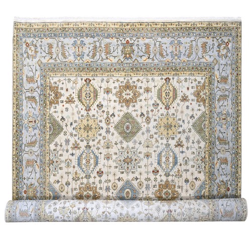 Ivory, Hand Knotted, Pure Wool, Karajeh Design with Tribal Medallions, Oversize Oriental Rug