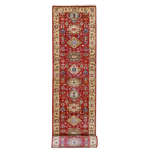 Red, Hand Knotted, Organic Wool,  Karajeh Design, XL Runner, Soft to the Touch Pile  Oriental Rug