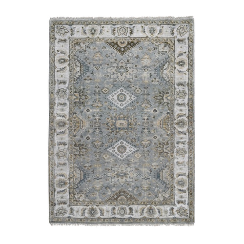 Gray and Ivory, Extra Soft Wool, Hand Knotted, Karajeh Design with Geometric Medallion, Oriental Rug
