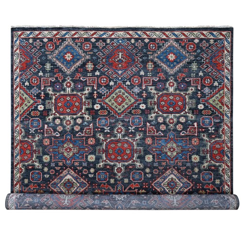 Midnight Blue, Thick and Plush 100% Wool, Hand Knotted, Supple Collection with Karajeh Heriz Geometric Design, Oriental Rug
