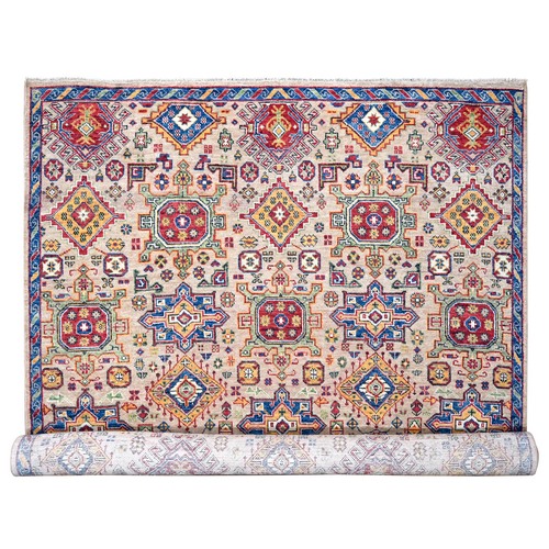 Camel with Blue, Karajeh Heriz Geometric Design, Thick and Plush, Pure Wool, Supple Collection, Hand Knotted, Oversize Oriental 