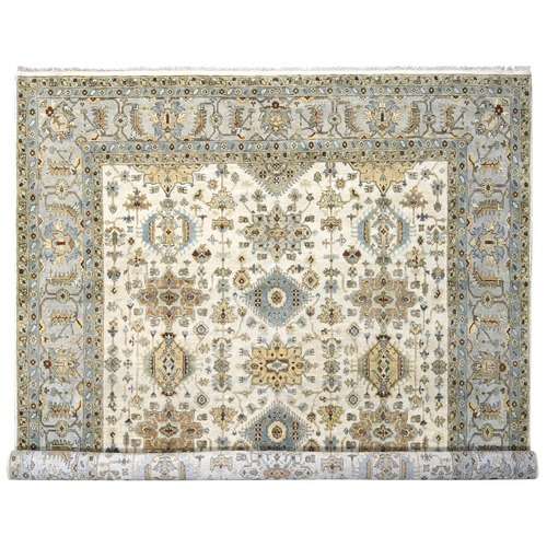 Pearl White, 100% Wool, Hand Knotted, Karajeh Design with Tribal Medallions, Square Oriental Rug