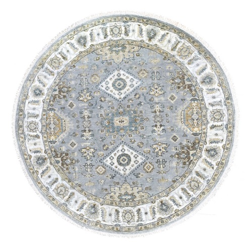Gray and White, Extra Soft Wool, Round, Hand Knotted, Karajeh Design with Geometric Medallion, Oriental 