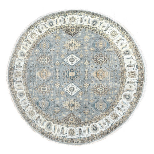Gray and Ivory, Hand Knotted, Karajeh Design with Geometric Medallion, Extra Soft Wool, Round, Oriental 