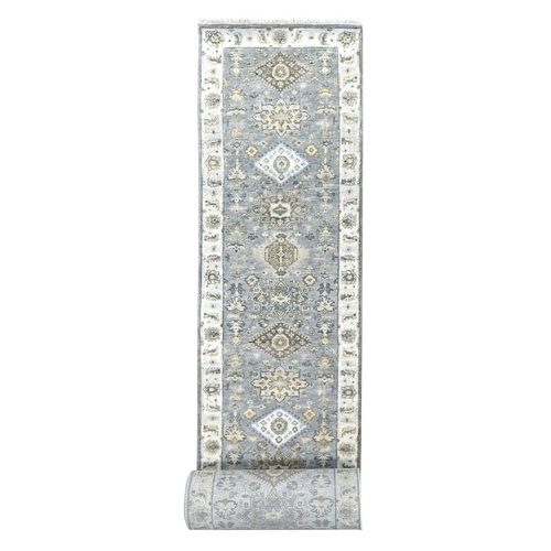 Ivory and Gray, Soft to the Touch Pile, Hand Knotted, Karajeh Design with Geometric Medallion, Pure Wool, XL Runner, Oriental 