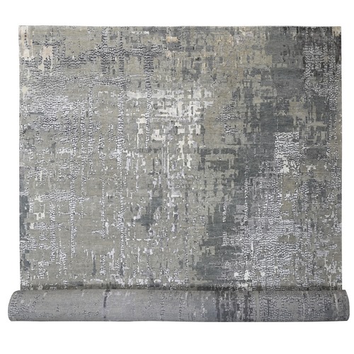 Taupe, Abstract with Mosaic Design Dense Weave, Wool and Silk Hand Knotted, Oversized Oriental 