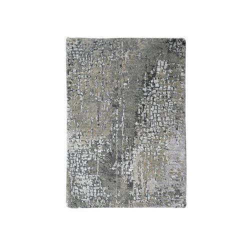 Taupe, Abstract with Mosaic Design, Hand Knotted, Wool and Silk, Dense Weave, Mat Oriental Rug