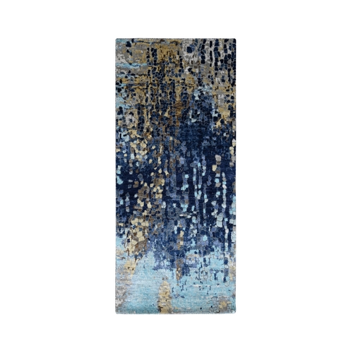 Denim Blue Mosaic Design with Mix of Gold, Persian Knot Wool and Silk, Hand Knotted, Runner Oriental Rug