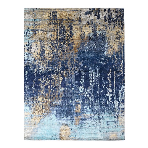 Denim Blue Hand Knotted Mosaic Design with Mix of Gold, Wool and Silk, Persian Knot, Oriental 