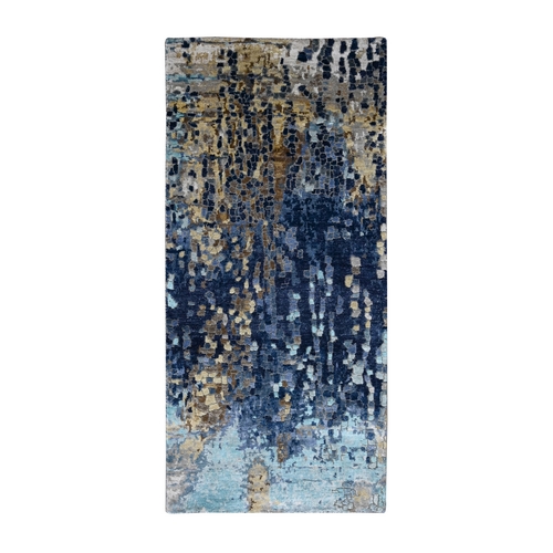 Denim Blue Hand Knotted Mosaic Design with Mix of Gold, Wool and Silk, Persian Knot, Runner Oriental Rug
