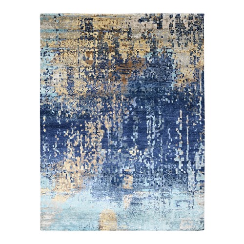 Denim Blue, Modern Mosaic Design with Mix of Gold, Persian Knot, Denser Weave, Wool and Silk, Hand Knotted Oriental Rug