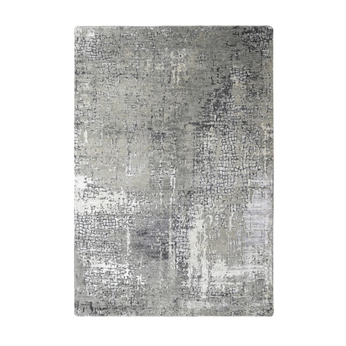Taupe, Modern Abstract with Mosaic Design, Persian Knot, Densely Woven, Wool and Silk, Hand Knotted, Oriental Rug