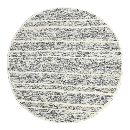 Salt and Pepper, Modern Striae Design Thick and Plush, Organic Undyed Wool Hand Knotted, Round Oriental Rug