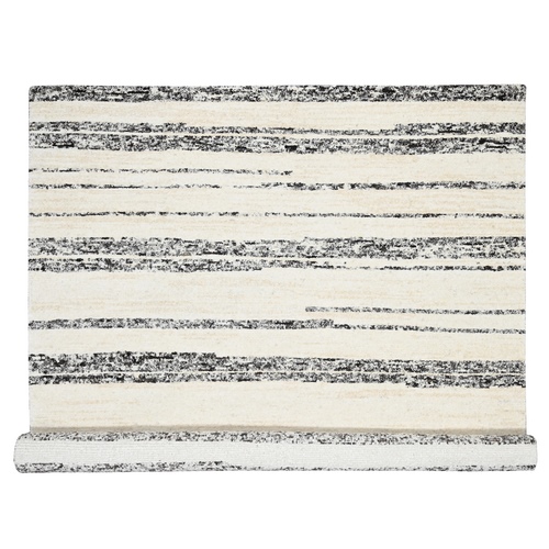 Dark Brown and Ivory, Hand Knotted, Striae Design, Thick and Plush, Organic Undyed Wool, Oriental Rug