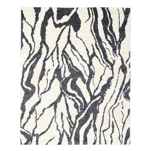 Charcoal Black and Ivory, Tone on Tone Modern Design Thick and Plush, Undyed Natural Wool Hand Knotted, Oriental Rug