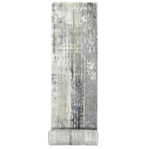 Taupe, Hand Knotted, Abstract with Mosaic Design, Dense Weave, Wool and Silk, XL Runner Oriental 