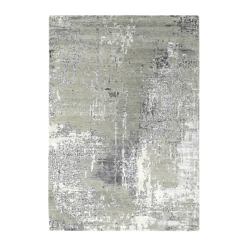 Taupe, Abstract with Mosaic Design, Dense Weave, Wool and Silk, Hand Knotted, Oriental Rug