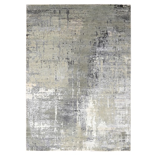 Taupe, Abstract with Mosaic Design, Dense Weave, Wool and Silk, Hand Knotted Oriental Rug