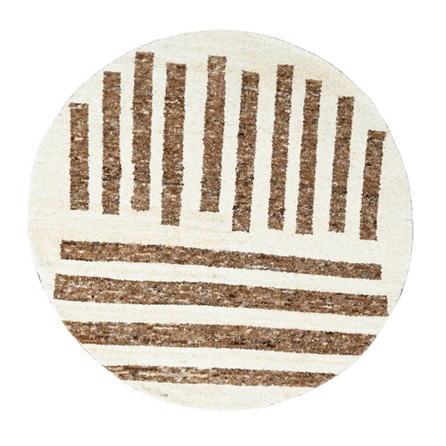 Leather Brown, Minimalist Stripe Design Plush Pile, 100% Wool Hand Knotted, Round Oriental Rug
