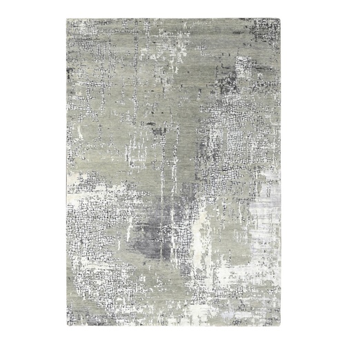 Grey, Persian Knot, Abstract with Mosaic Design, Wool and Silk, Hand Knotted, Dense Weave Oriental Rug