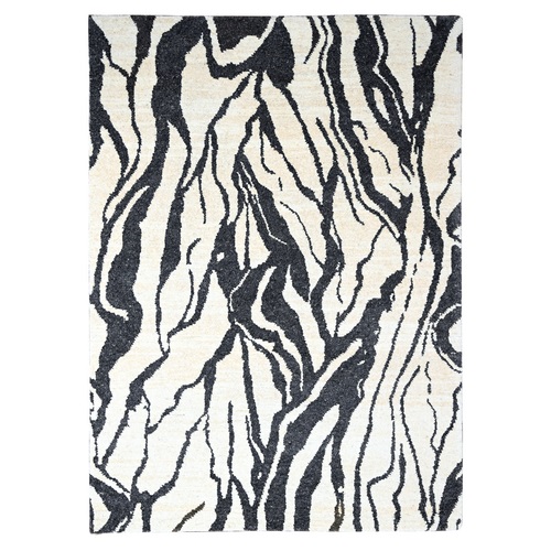 Ivory and Black, Tone on Tone, Modern Design, Thick and Plush, Soft Pile, Hand Knotted, Undyed Natural Wool, Oriental Rug 