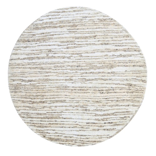 Brown and Ivory, Hand Knotted Striae Minimalist Design, Natural Colors, Undyed Plush Wool, Round, Oriental Rug