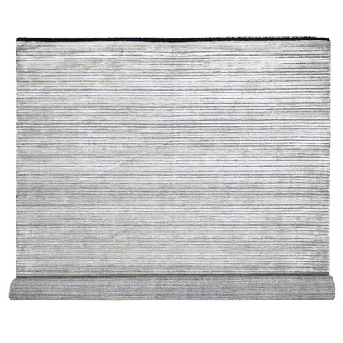 Taupe, Modern Textured and Variegated Line Design, Wool and Plant Based Silk, Hand Loomed, Oriental 