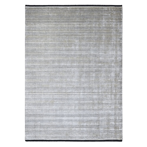 Taupe and Black, Wool and Plant Based Silk, Hand Loomed, Modern Textured and Variegated Line Design, Oriental Rug