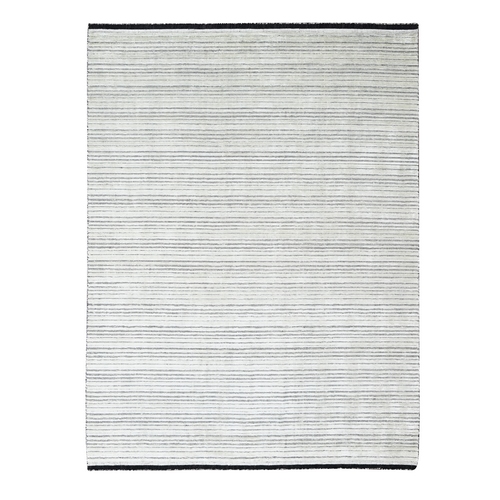 Ivory and Black, Hand Loomed, Wool and Plant Based Silk, Modern Textured and Variegated Line Design, Oriental Rug