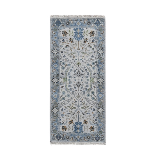 Light Gray, Dense Weave Pure Wool, Hand Knotted Oushak with All Over Design, Runner Oriental Rug