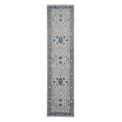 Light Gray, Hand Knotted Oushak with All Over Design, Dense Weave Extra Soft Wool, Runner Oriental Rug