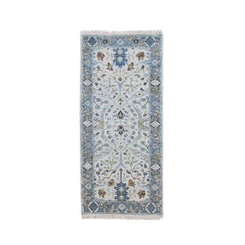 Light Gray, Dense Weave Organic Wool, Hand Knotted Oushak with All Over Design, Runner Oriental Rug