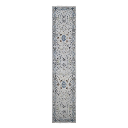 Light Gray, Oushak with All Over Design Dense Weave, Natural Wool Hand Knotted, Runner Oriental Rug